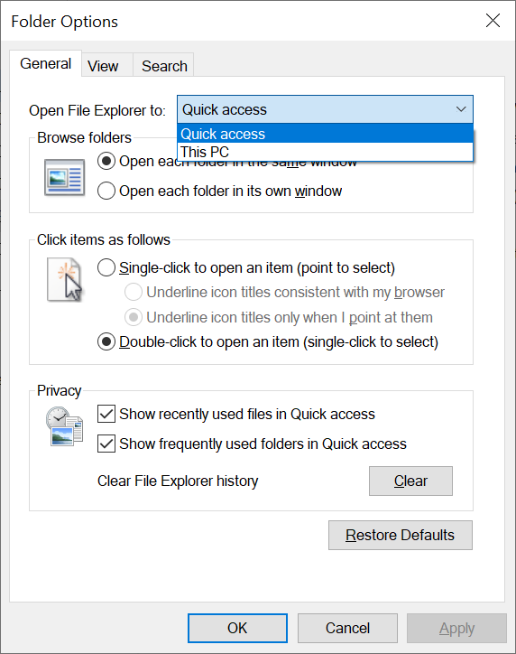 Folder Options - Quick Access